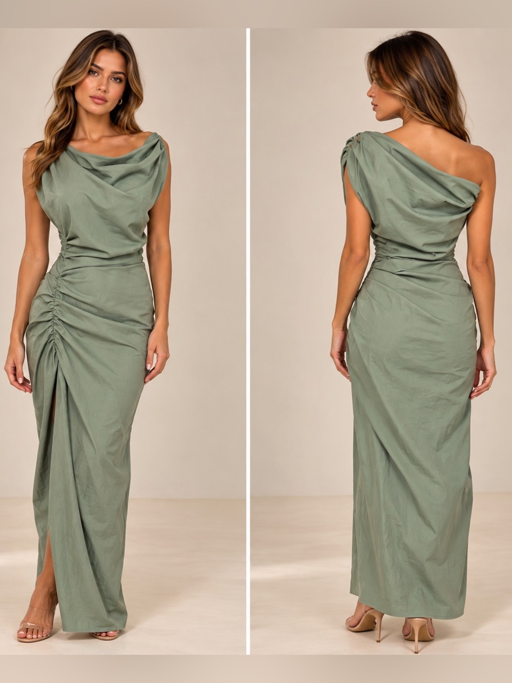 Abercrombie & Fitch Asymmetrical Ruched Maxi Dress Sage Green Large Tall NWT
